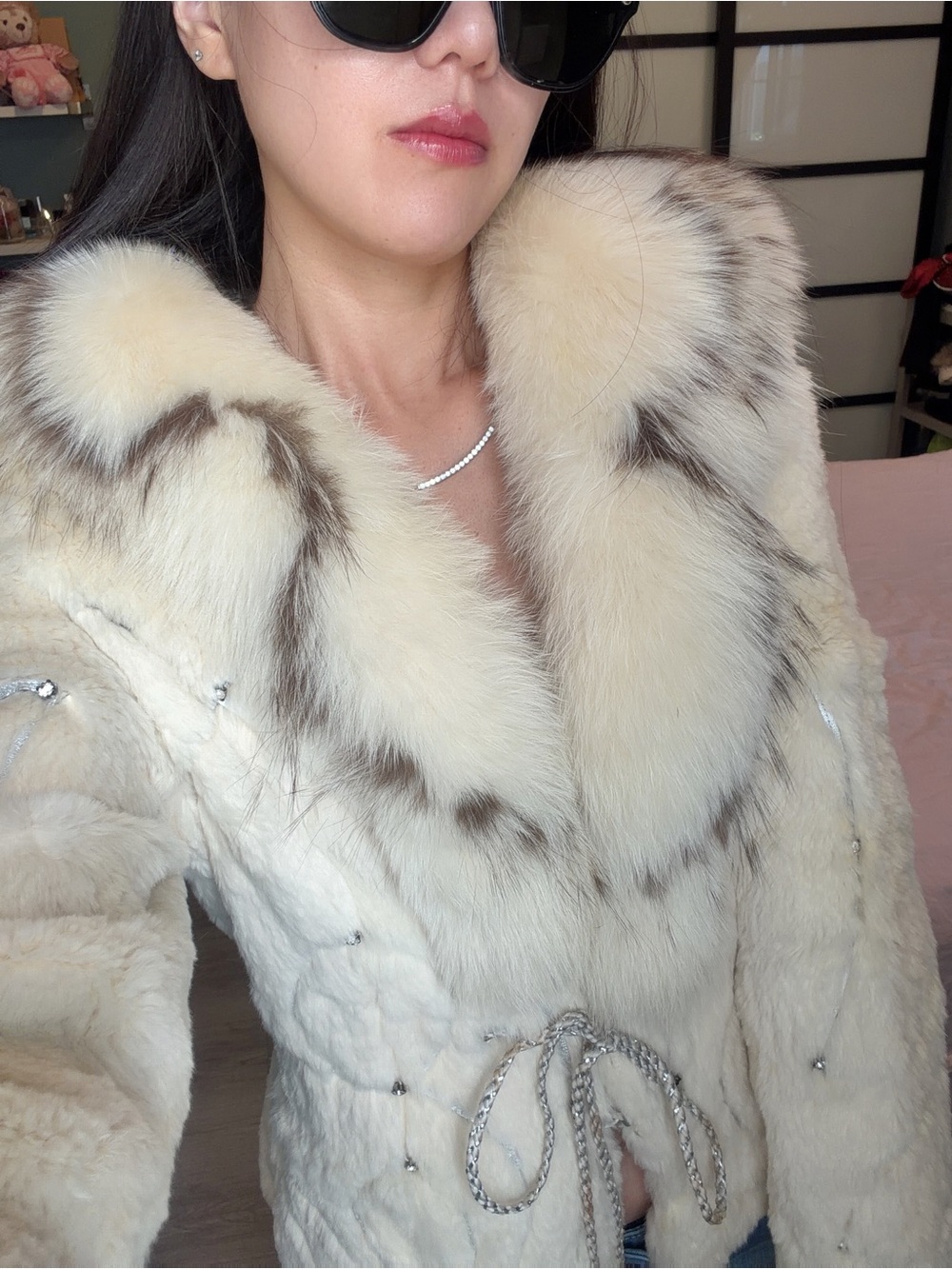 Vintage White Rabbit Fur Jacket Fox Fur Collar Y2K XS S - Picture 5 of 12